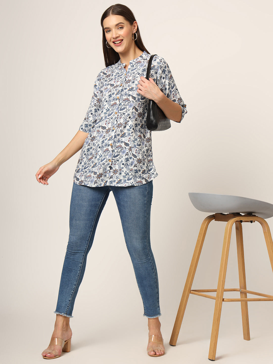 Noe Velarro Blue Printed Rayon Fabric Shirt Style Top