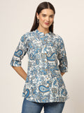 Noe Velarro White & Blue Printed Rayon Fabric Shirt Style Top