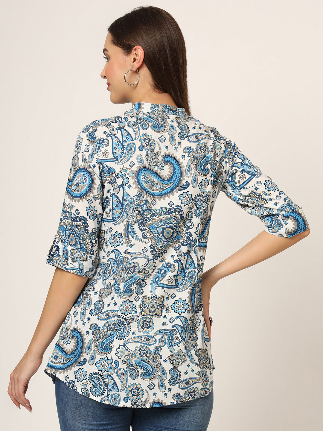 Noe Velarro White & Blue Printed Rayon Fabric Shirt Style Top
