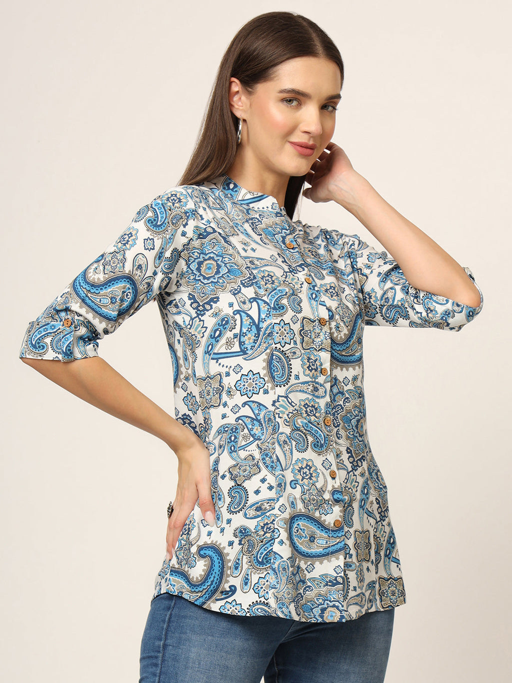 Noe Velarro White & Blue Printed Rayon Fabric Shirt Style Top