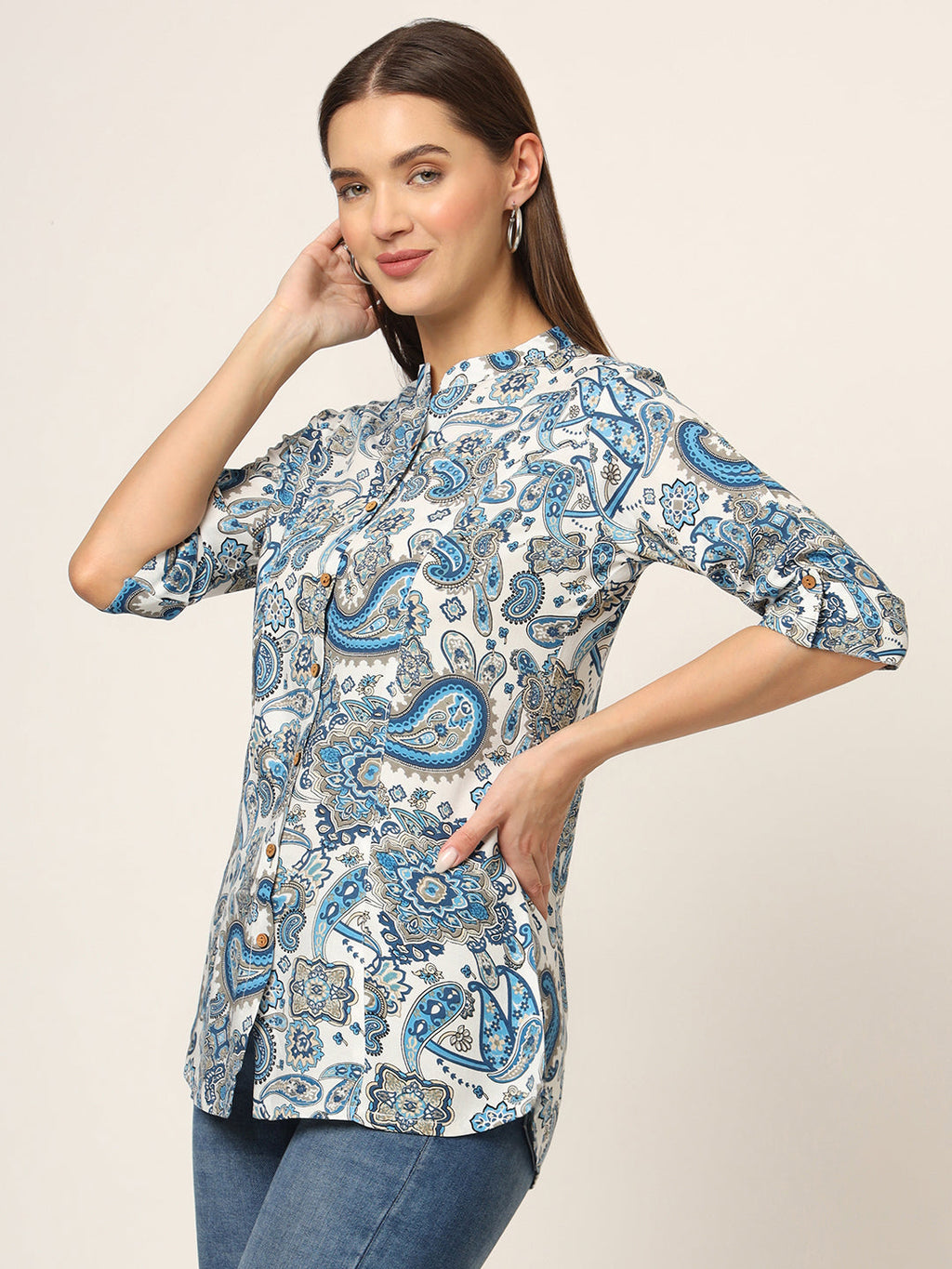 Noe Velarro White & Blue Printed Rayon Fabric Shirt Style Top