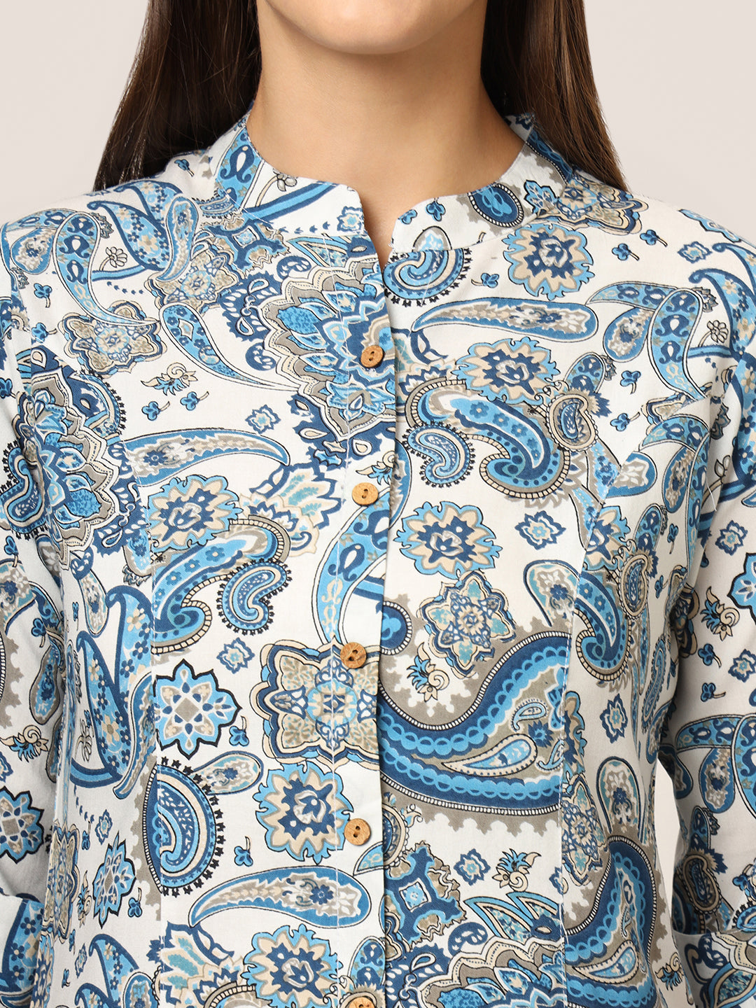 Noe Velarro White & Blue Printed Rayon Fabric Shirt Style Top