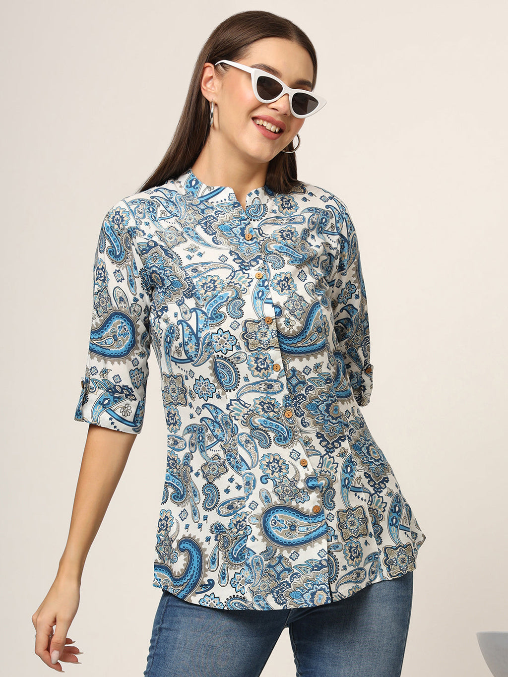 Noe Velarro White & Blue Printed Rayon Fabric Shirt Style Top