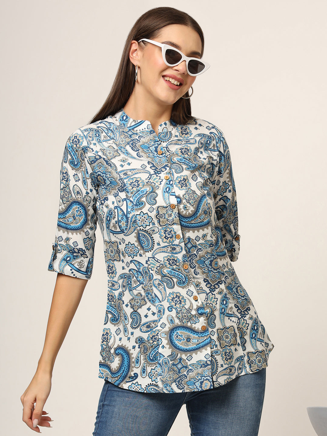 Noe Velarro White & Blue Printed Rayon Fabric Shirt Style Top