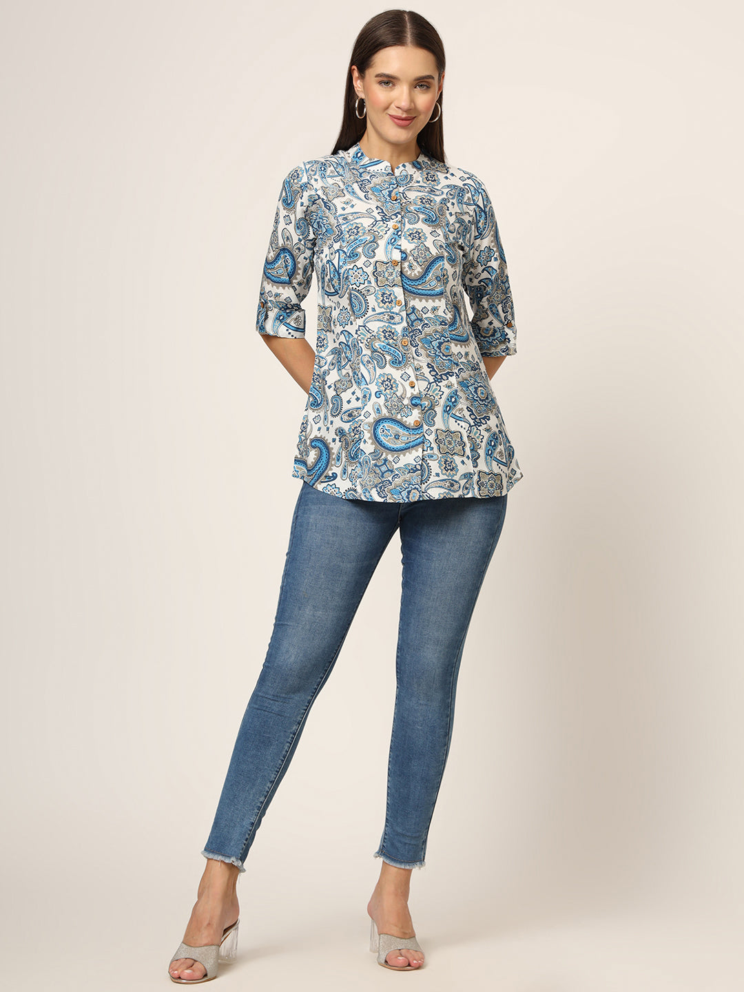 Noe Velarro White & Blue Printed Rayon Fabric Shirt Style Top