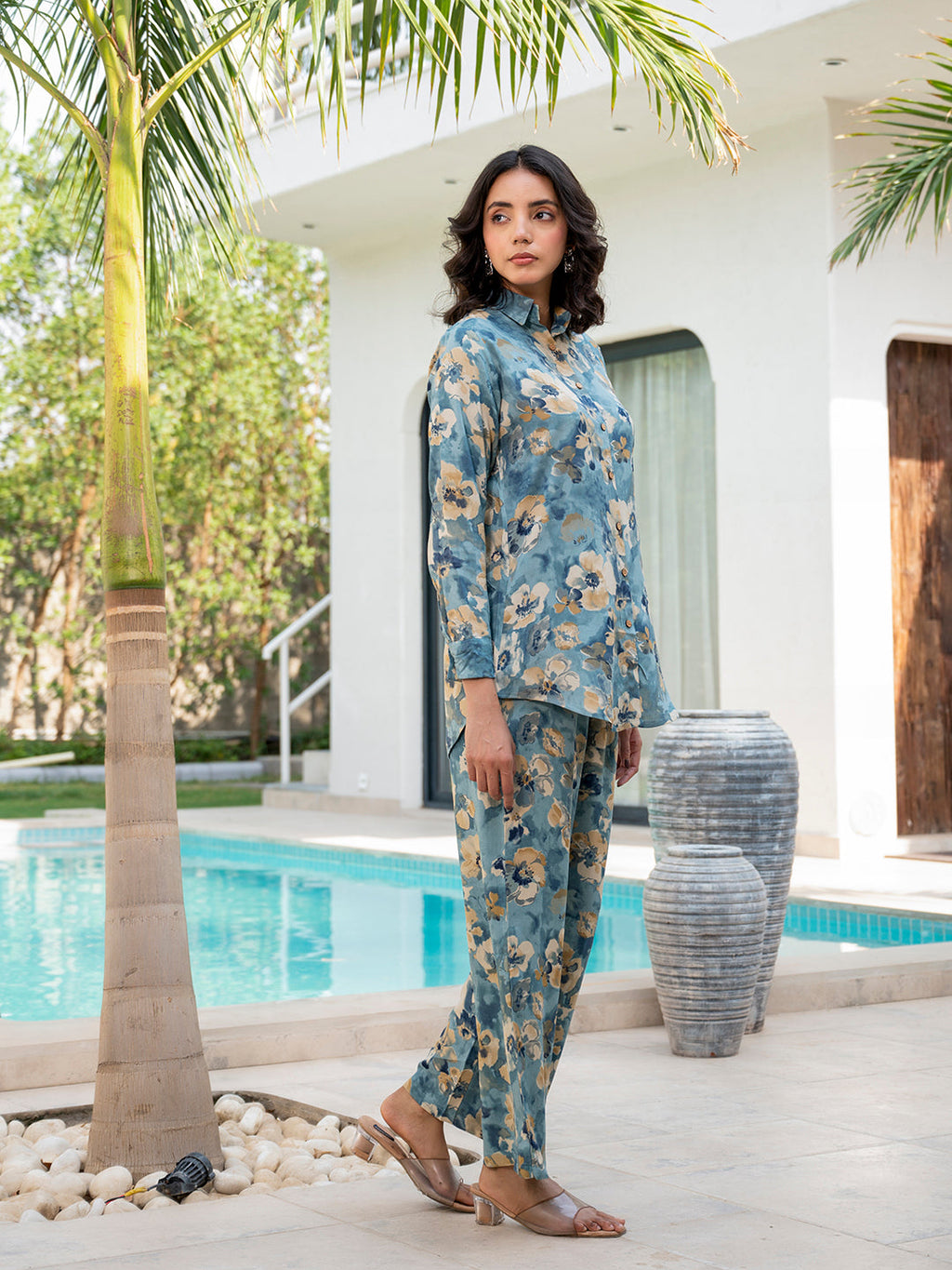 Noe Velarro Blue Floral Printed Rayon Co-ord Set
