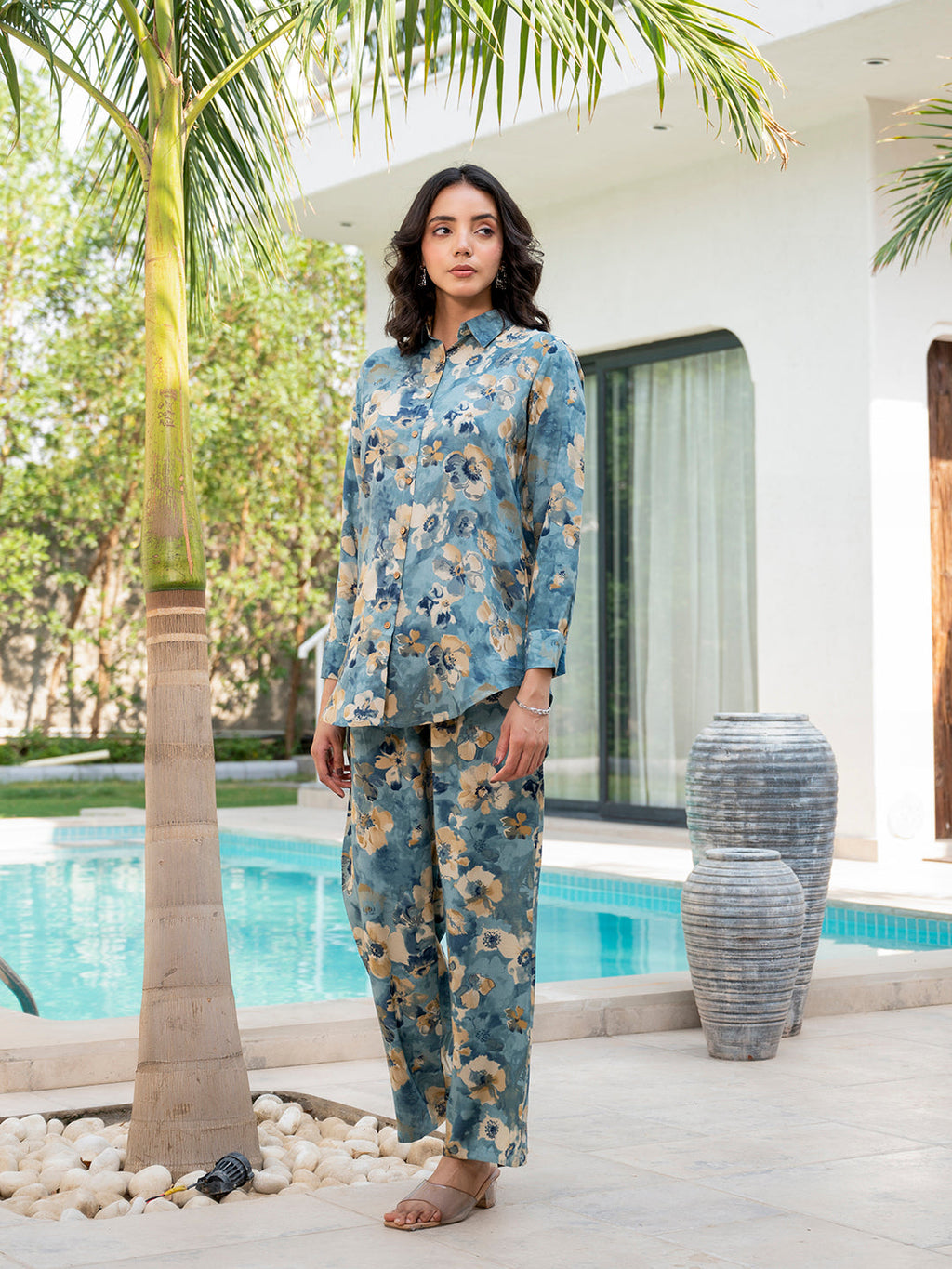Noe Velarro Blue Floral Printed Rayon Co-ord Set