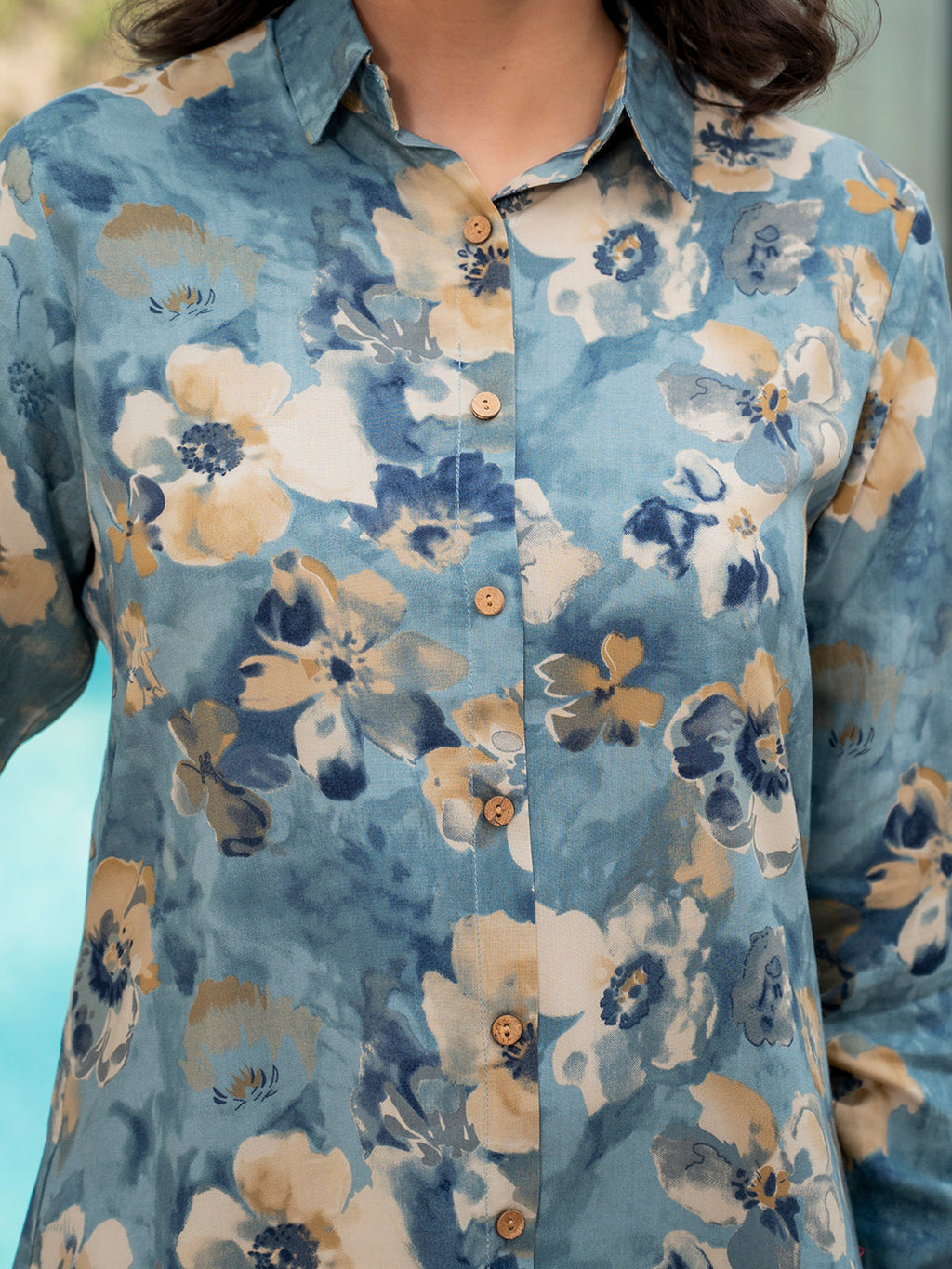 Noe Velarro Blue Floral Printed Rayon Co-ord Set
