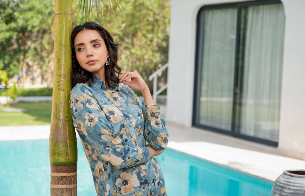 Noe Velarro Blue Floral Printed Rayon Co-ord Set