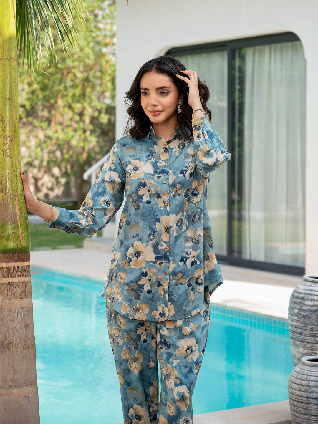 Noe Velarro Blue Floral Printed Rayon Co-ord Set