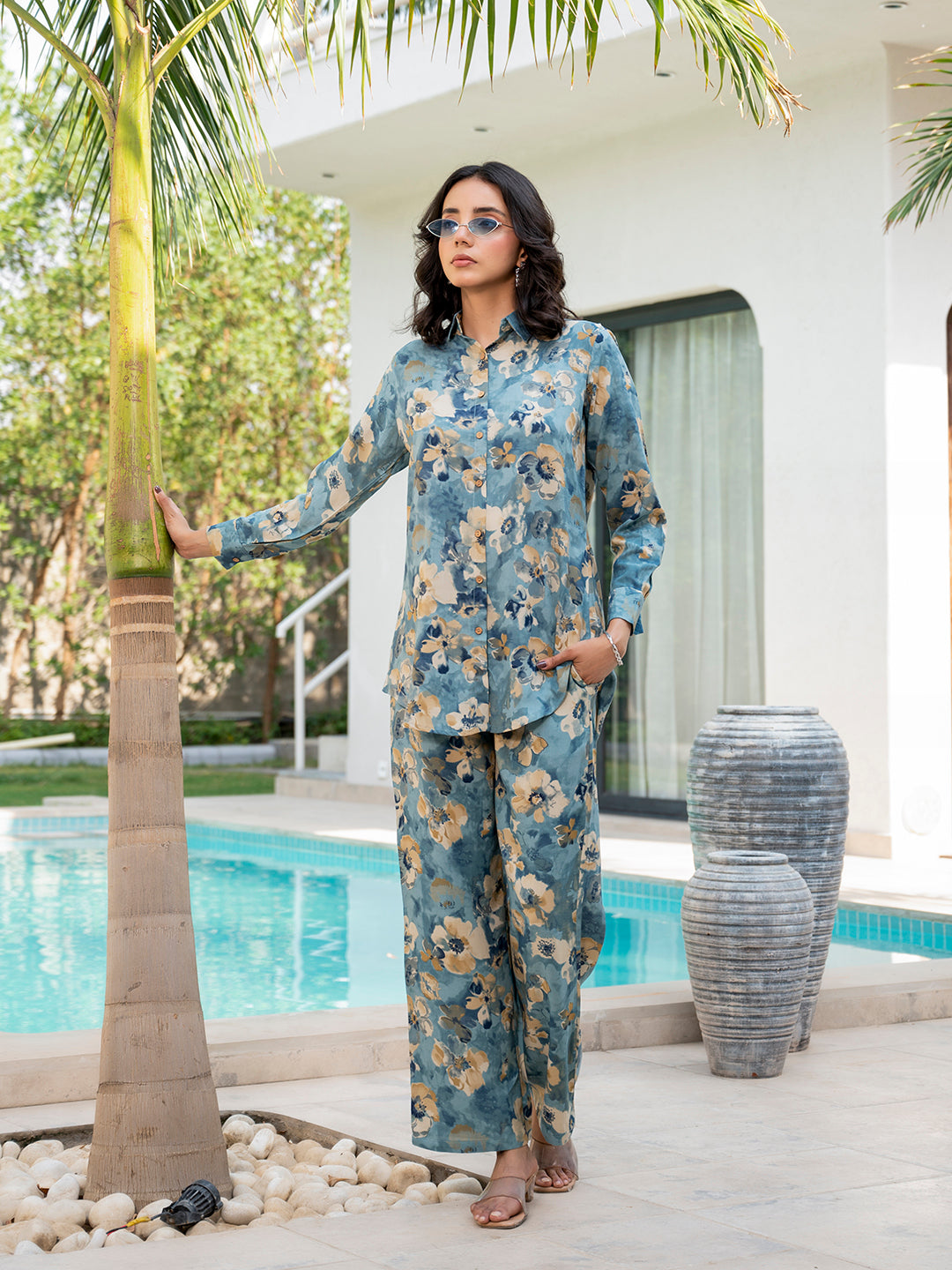 Noe Velarro Blue Floral Printed Rayon Co-ord Set