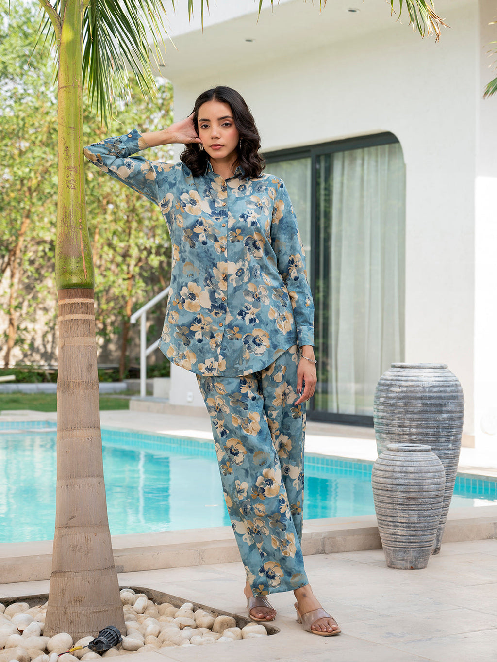 Noe Velarro Blue Floral Printed Rayon Co-ord Set