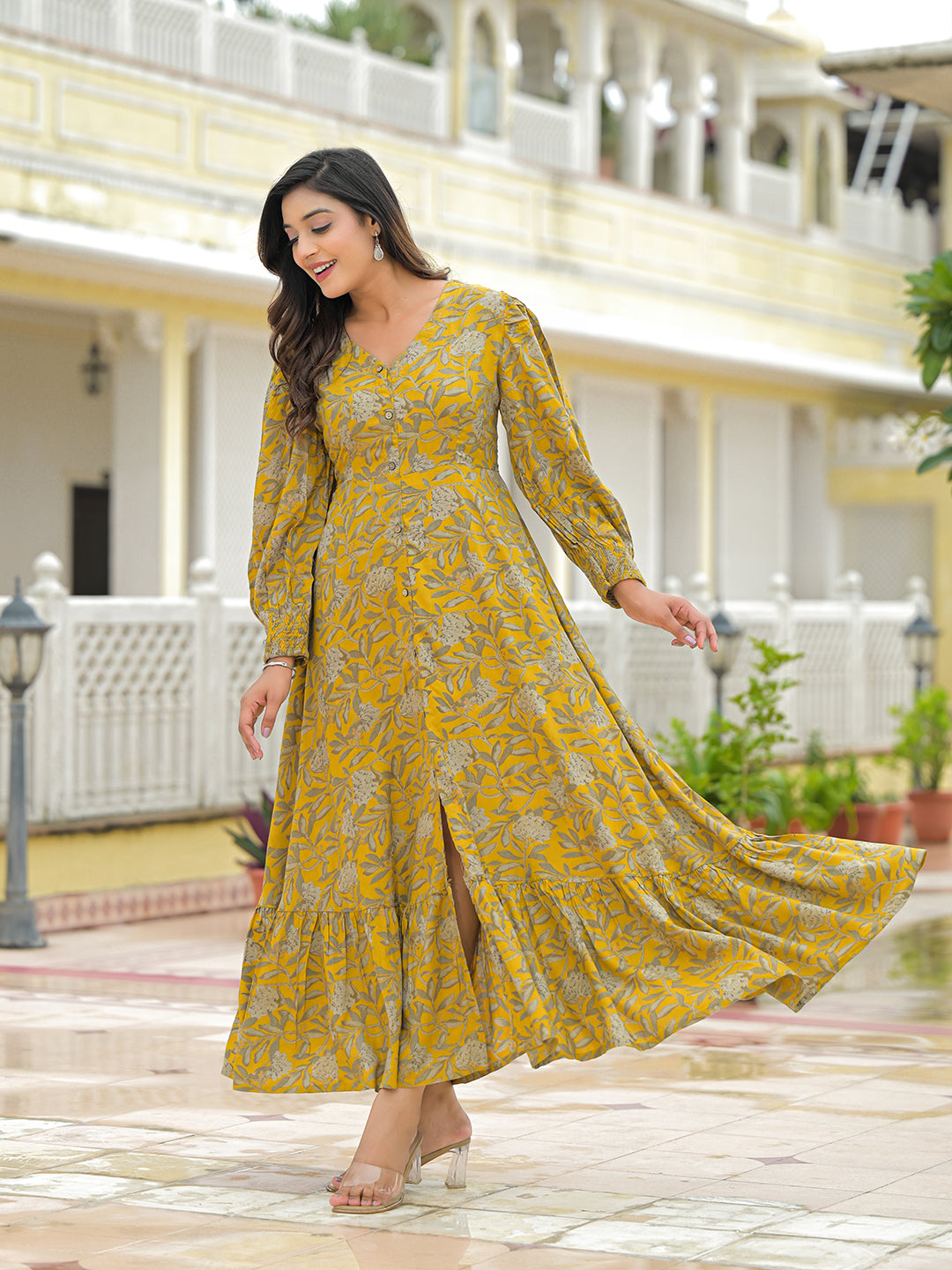 Noe Velarro Mustard Rayon Flare Dress