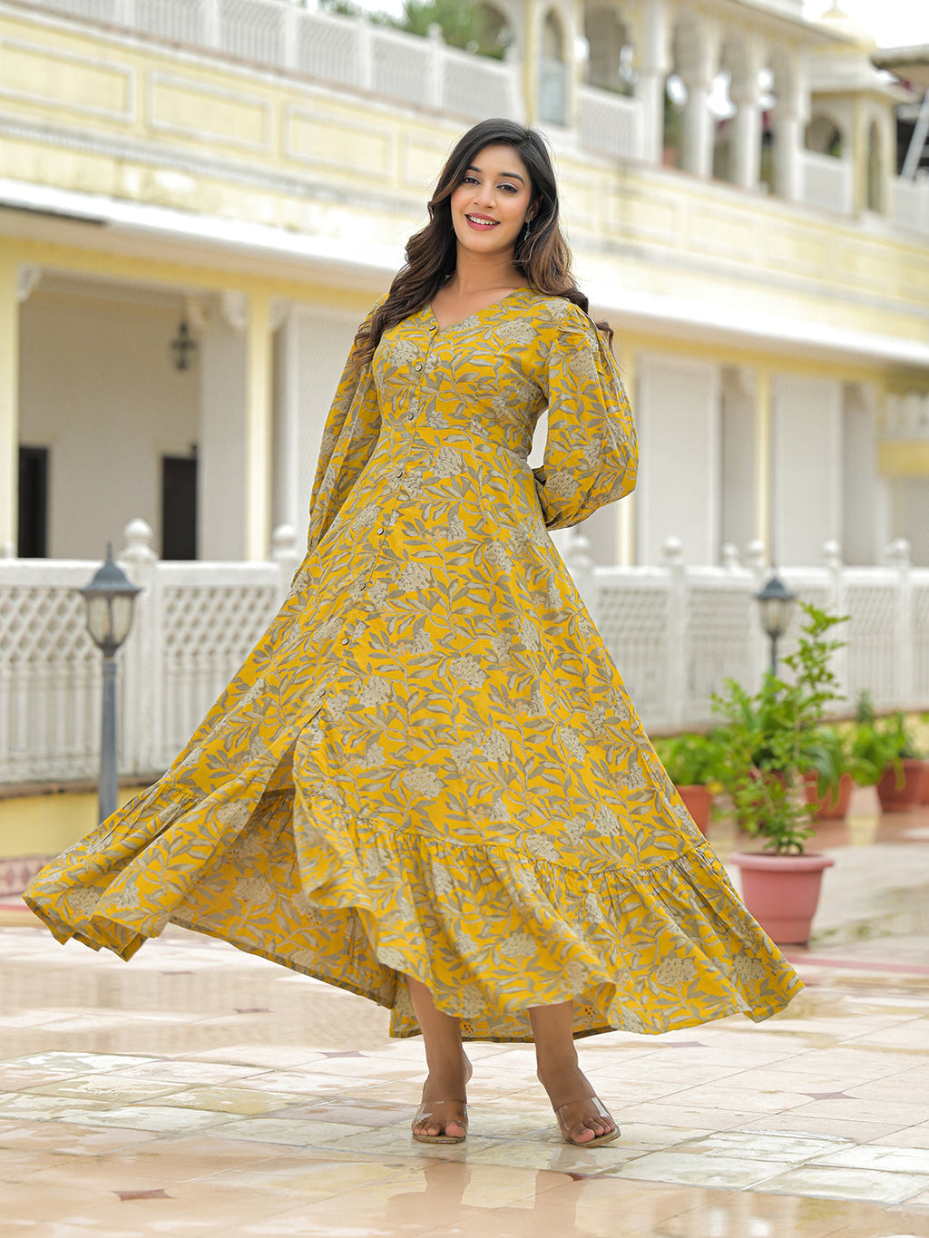 Noe Velarro Mustard Rayon Flare Dress