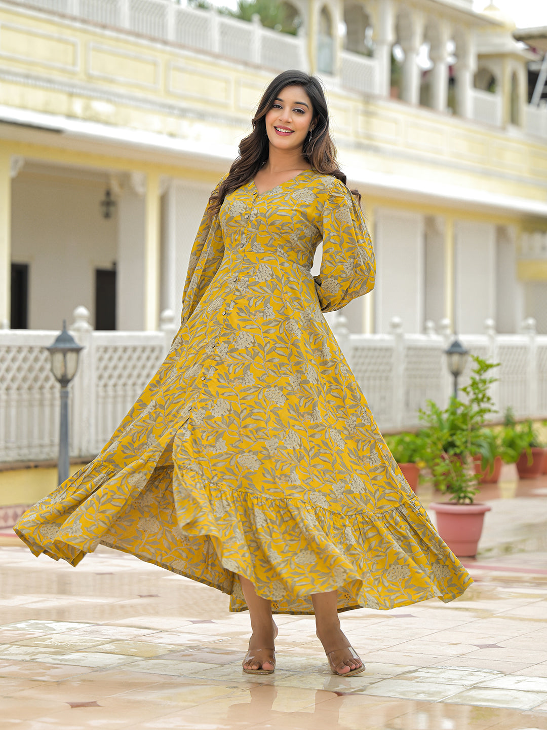 Noe Velarro Mustard Rayon Flare Dress