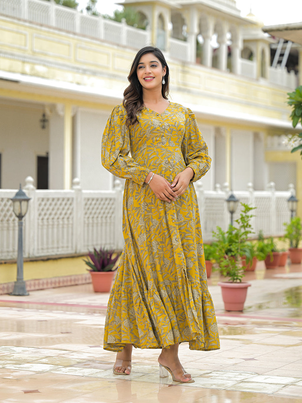 Noe Velarro Mustard Rayon Flare Dress