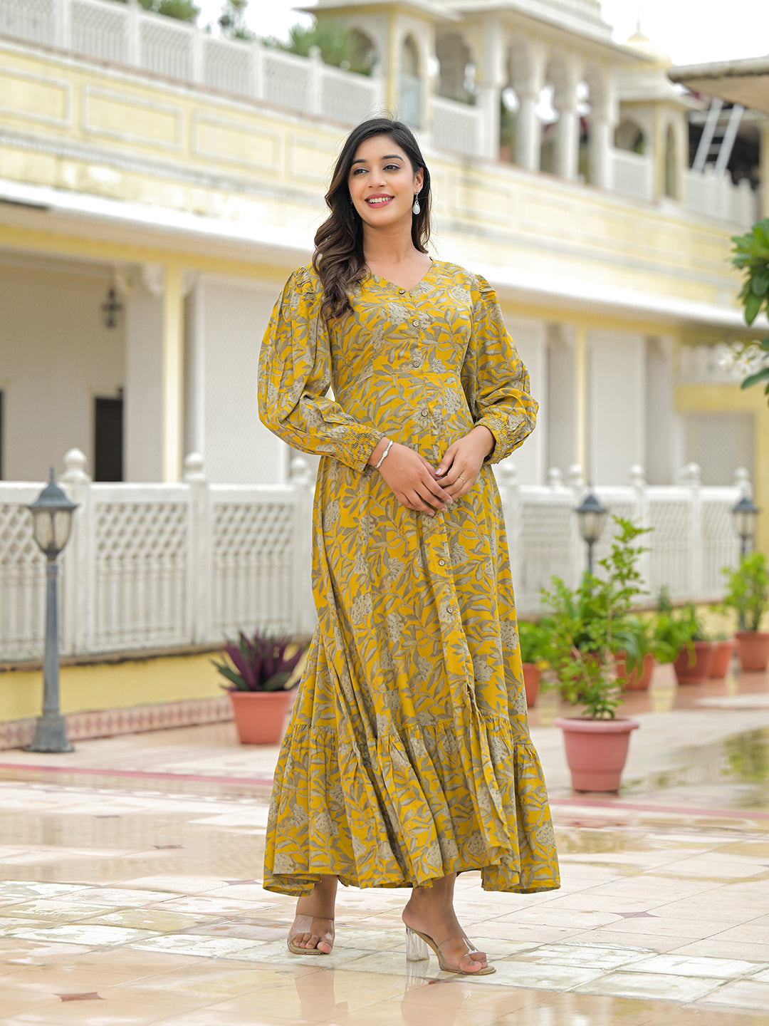 Noe Velarro Mustard Rayon Flare Dress