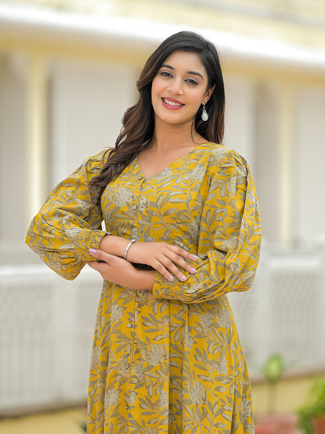 Noe Velarro Mustard Rayon Flare Dress