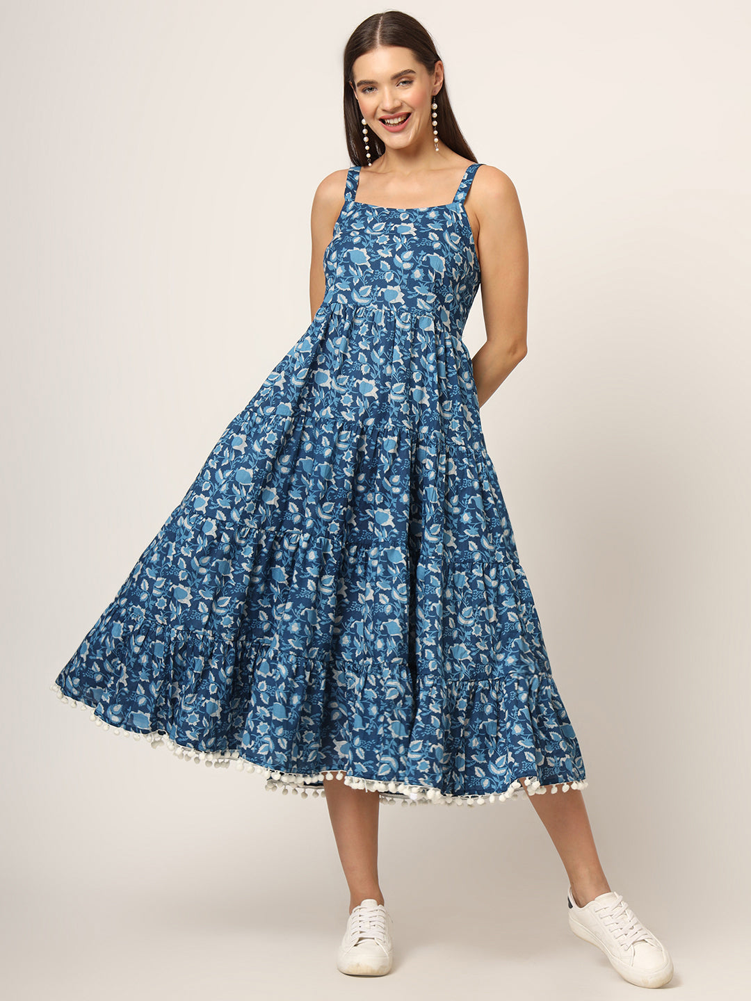 Noe Velarro Sky Blue Printed Cotton Fabric Fit & Flare Dress