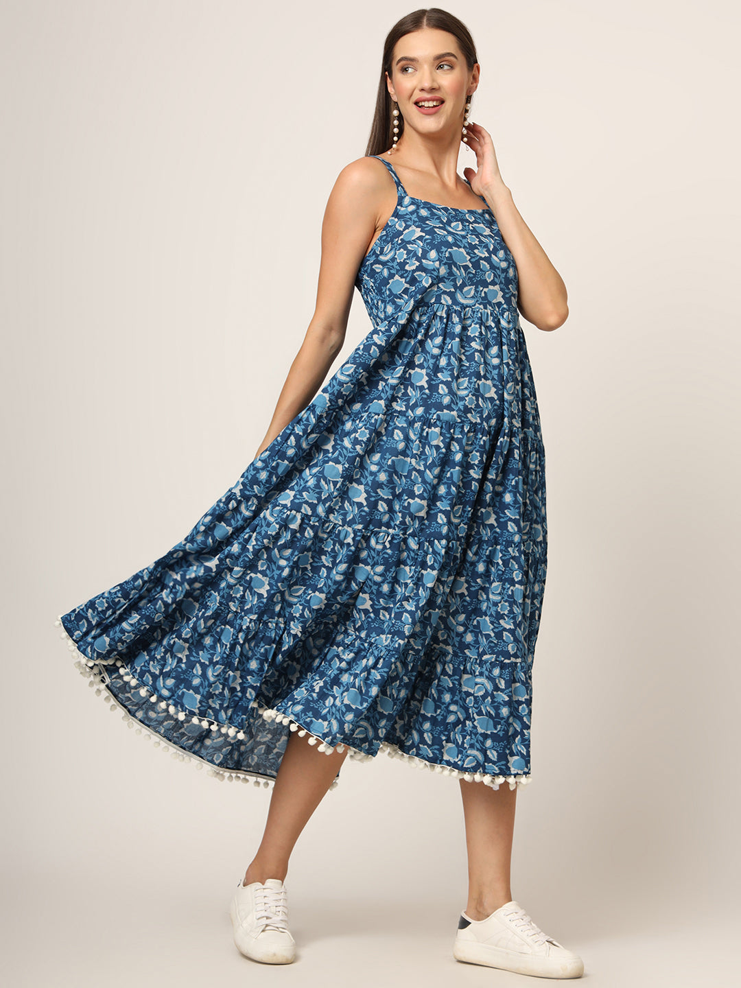 Noe Velarro Sky Blue Printed Cotton Fabric Fit & Flare Dress