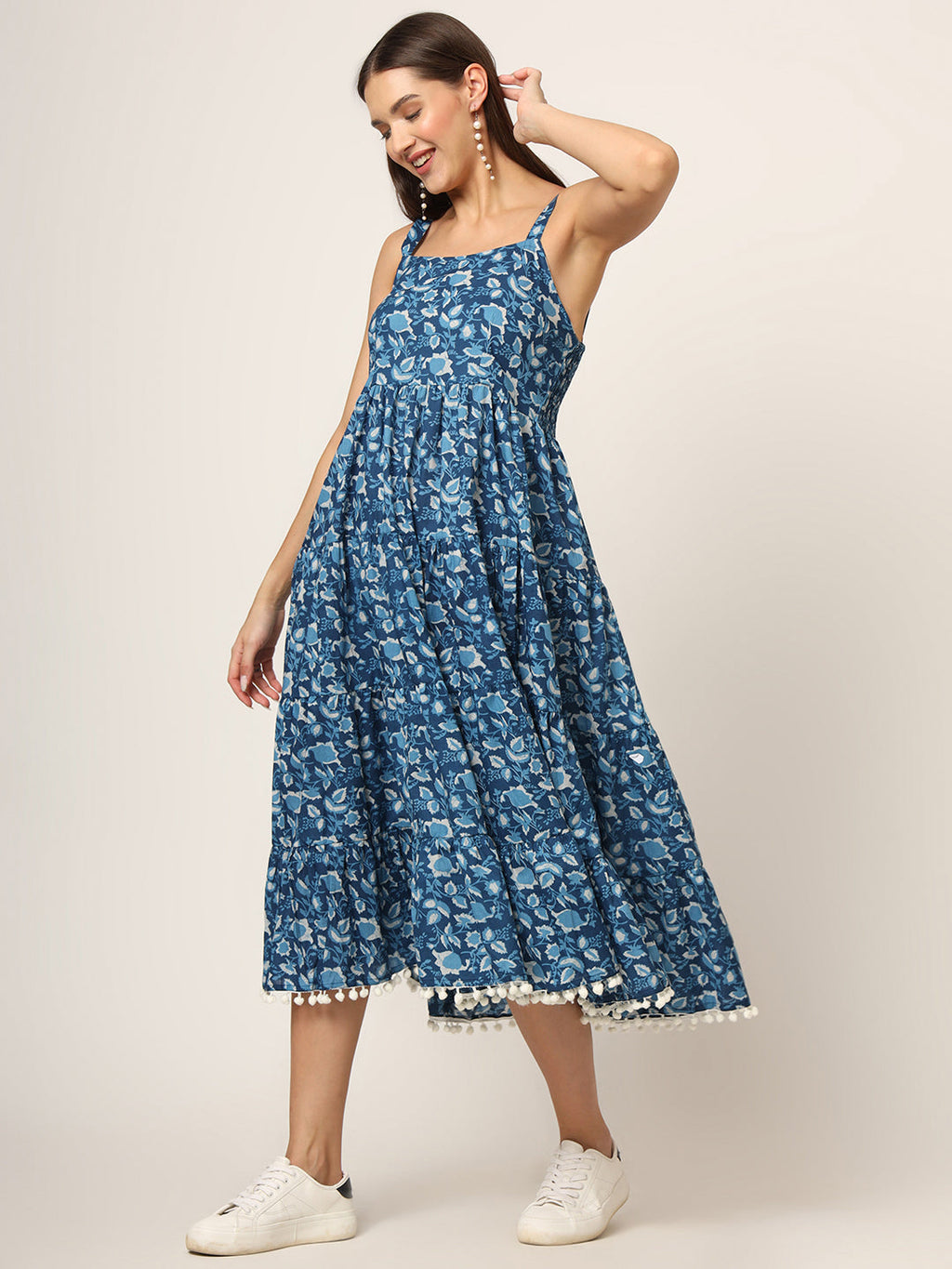 Noe Velarro Sky Blue Printed Cotton Fabric Fit & Flare Dress