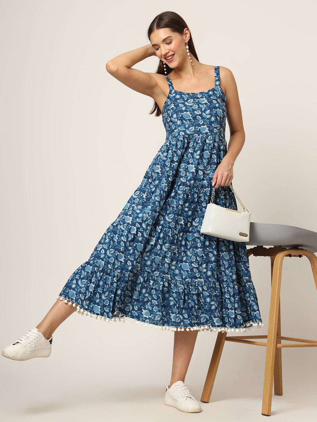 Noe Velarro Sky Blue Printed Cotton Fabric Fit & Flare Dress