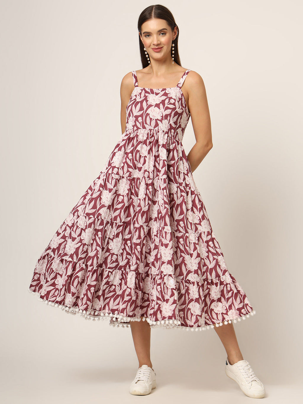 Noe Velarro Burgundy Printed Cotton Fabric Fit & Flare Dress