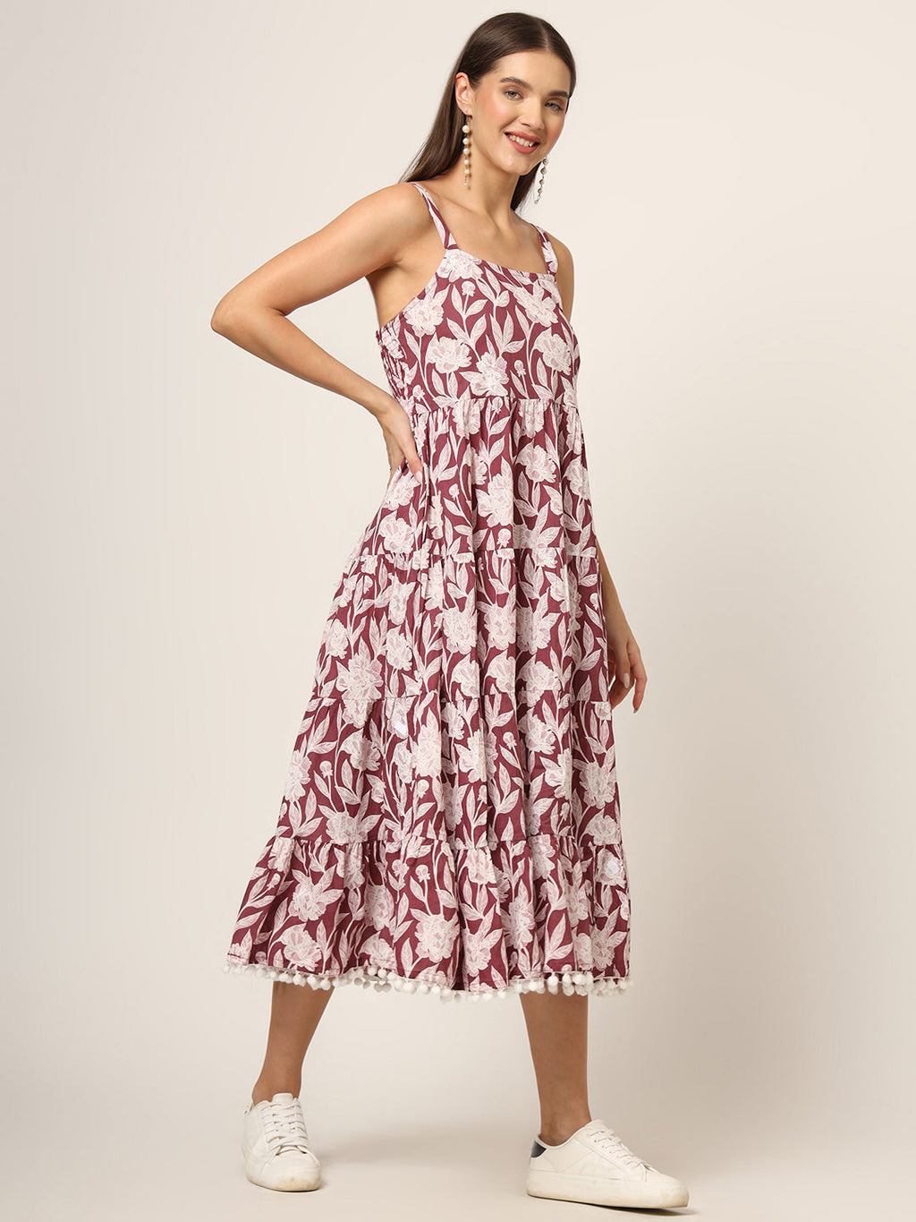 Noe Velarro Burgundy Printed Cotton Fabric Fit & Flare Dress