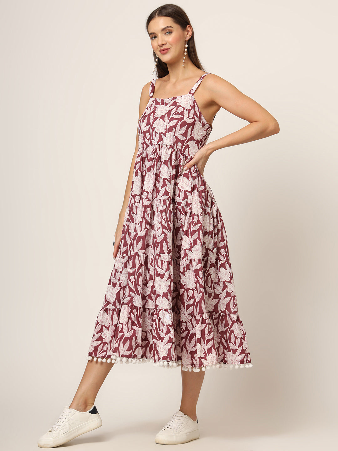 Noe Velarro Burgundy Printed Cotton Fabric Fit & Flare Dress