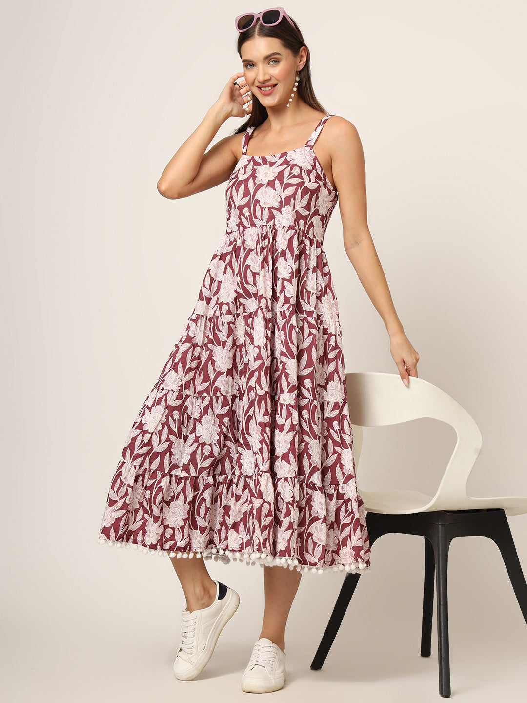 Noe Velarro Burgundy Printed Cotton Fabric Fit & Flare Dress