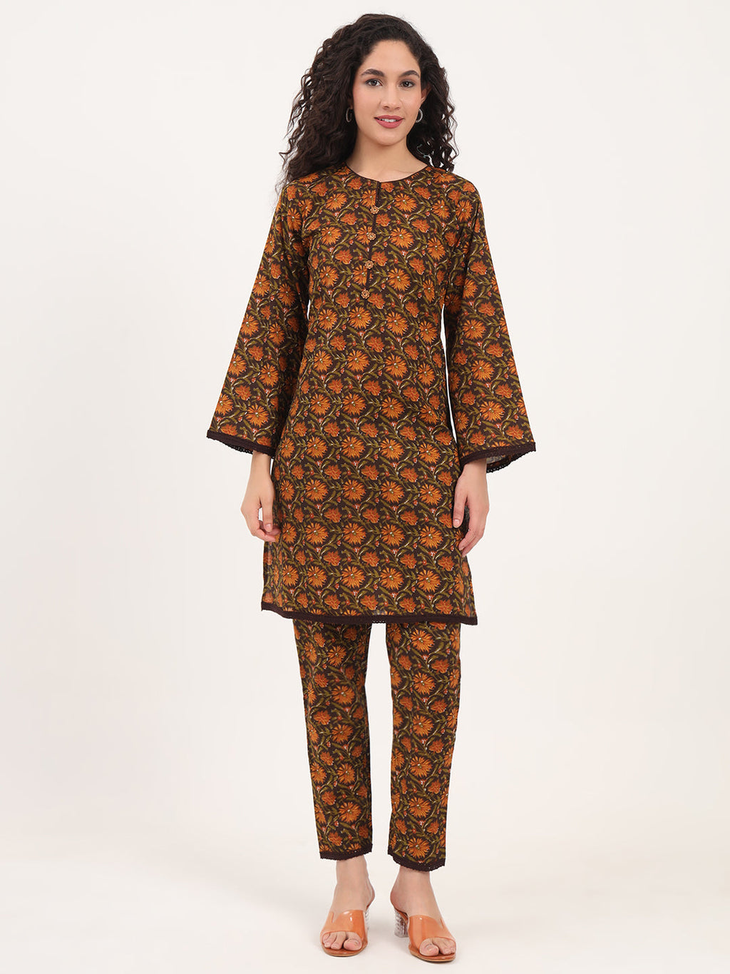 Noe Velarro Brown Floral Print Cotton Fabric Straight Kurta with Trouser