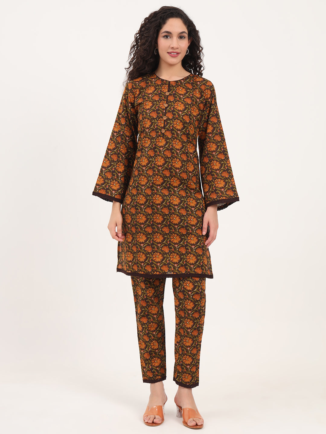 Noe Velarro Brown Floral Print Cotton Fabric Straight Kurta with Trouser