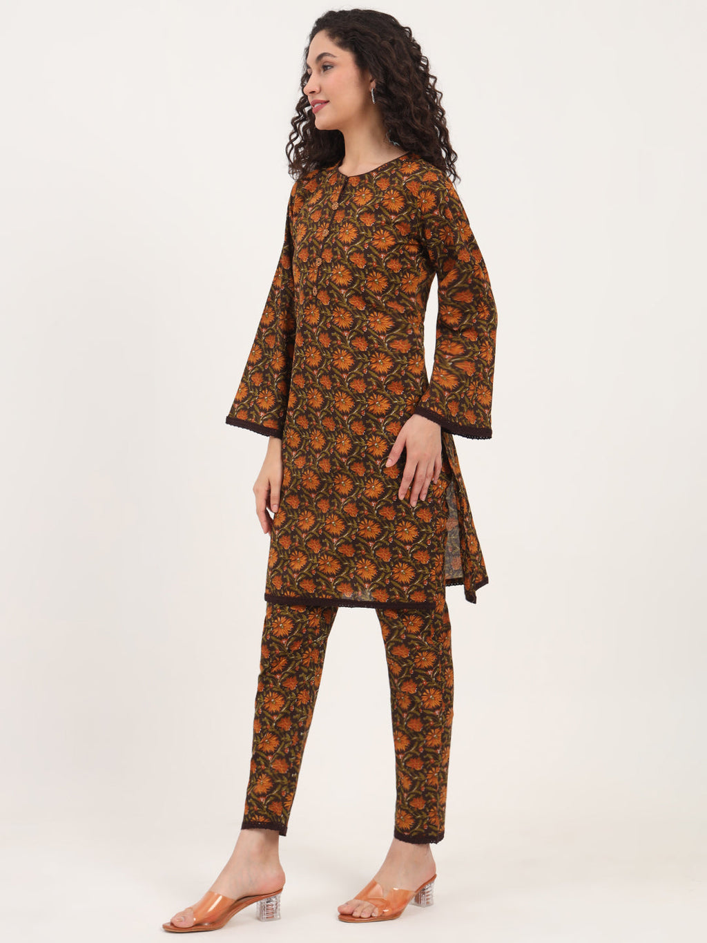 Noe Velarro Brown Floral Print Cotton Fabric Straight Kurta with Trouser