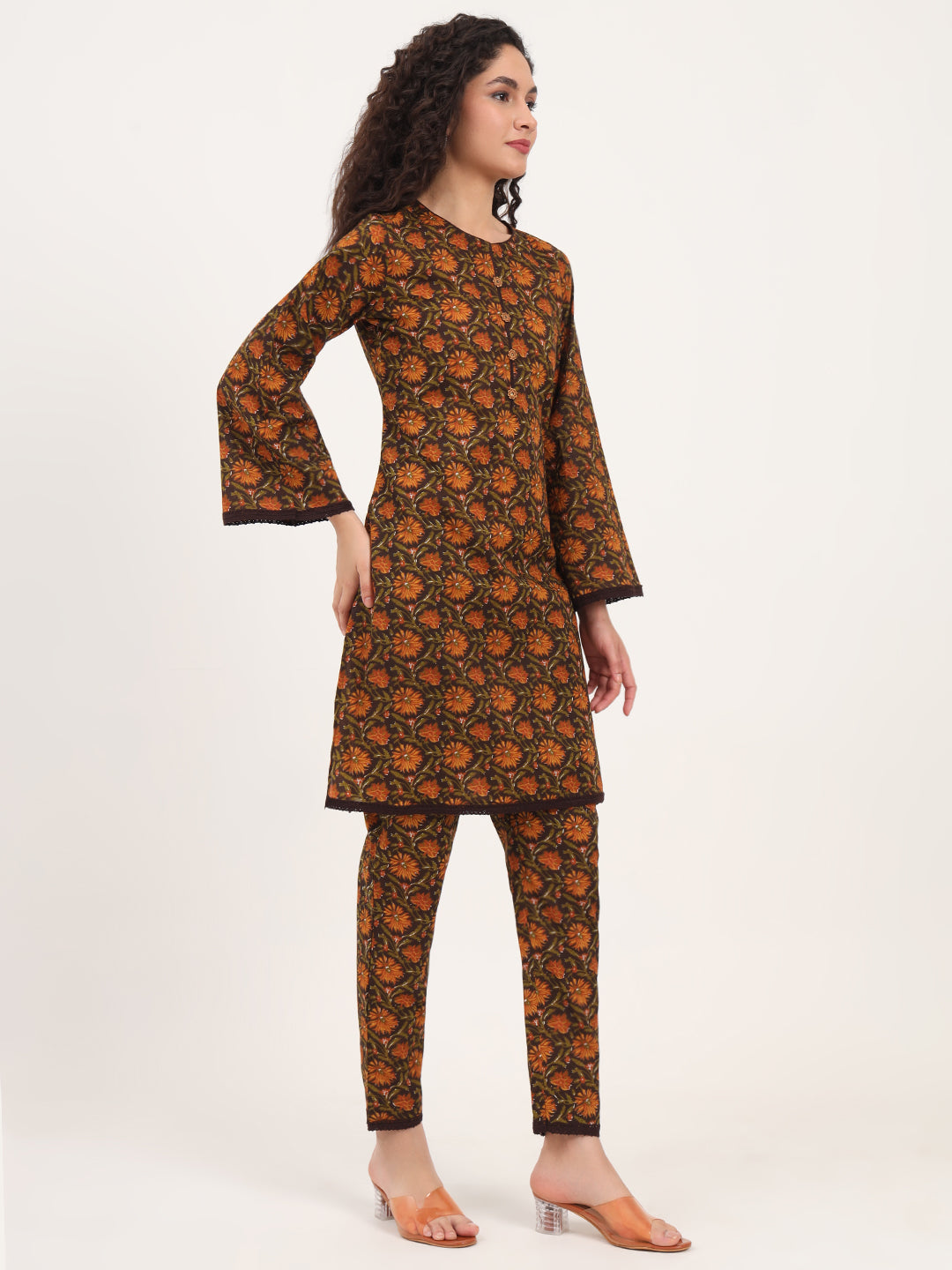 Noe Velarro Brown Floral Print Cotton Fabric Straight Kurta with Trouser