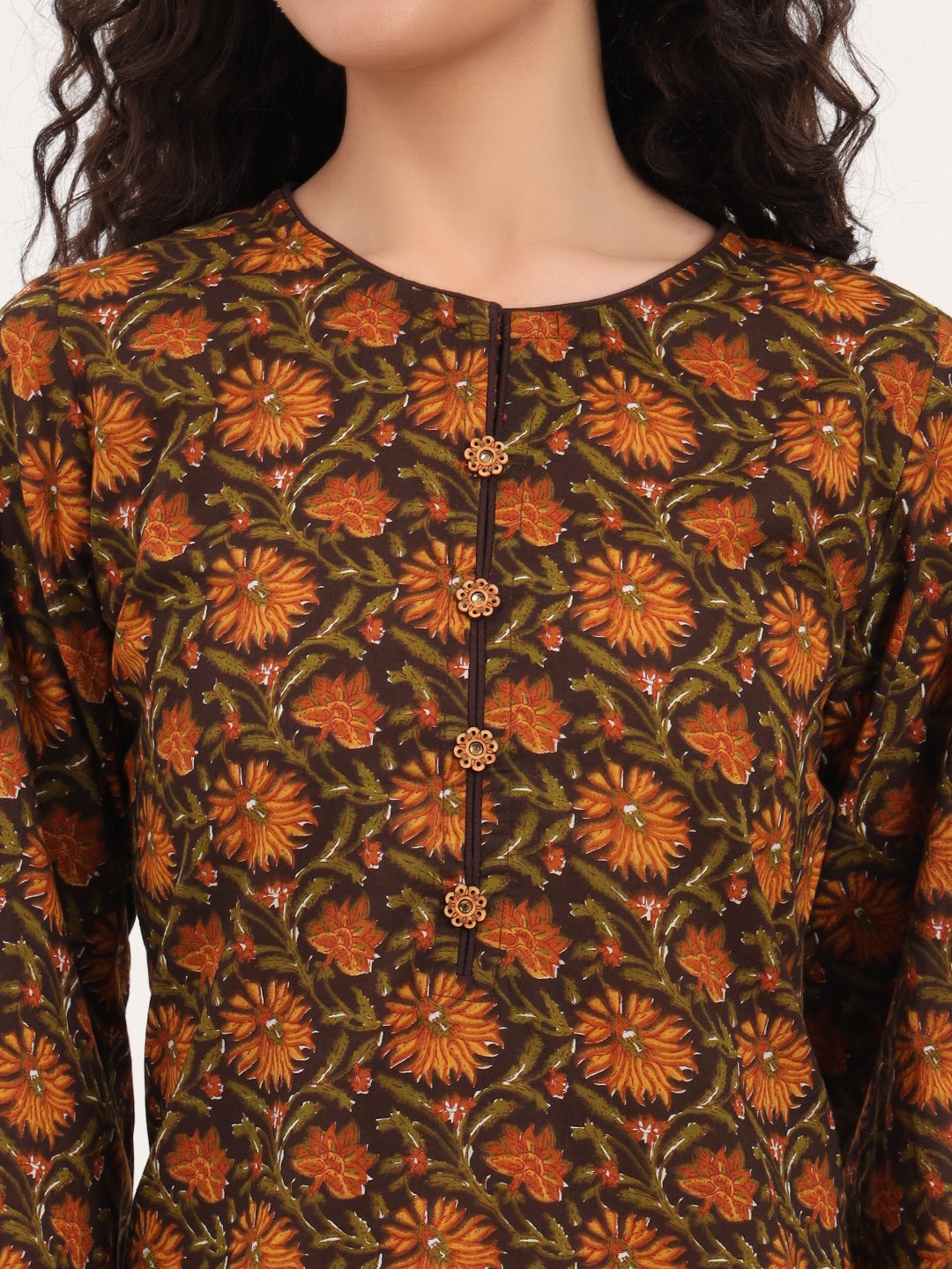 Noe Velarro Brown Floral Print Cotton Fabric Straight Kurta with Trouser
