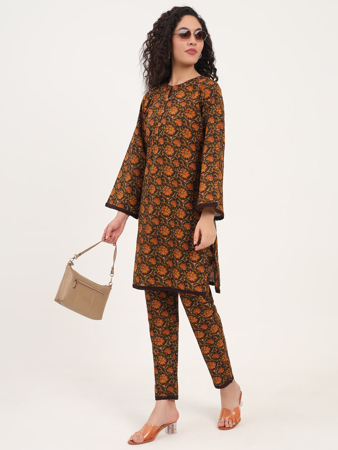 Noe Velarro Brown Floral Print Cotton Fabric Straight Kurta with Trouser