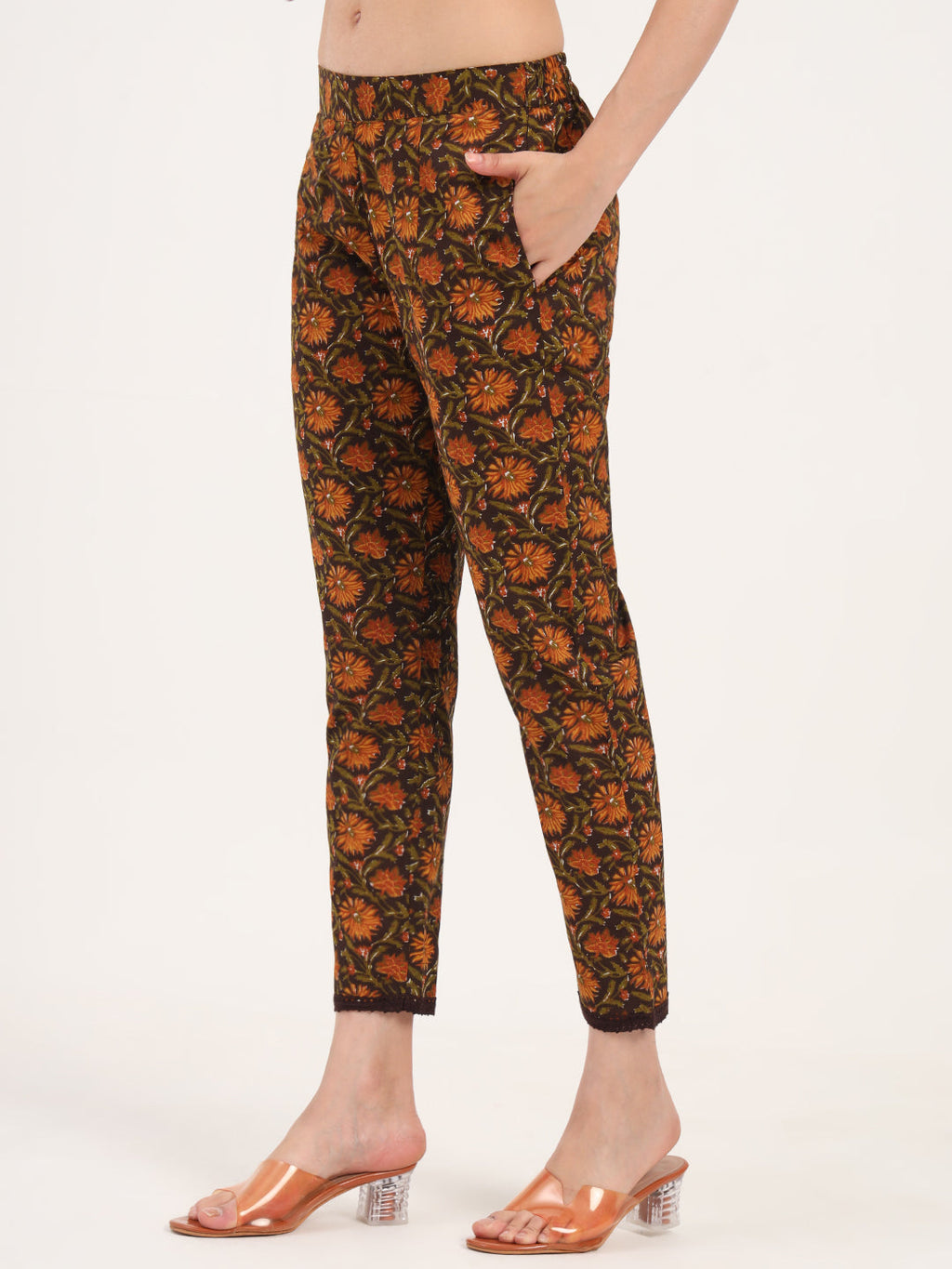 Noe Velarro Brown Floral Print Cotton Fabric Straight Kurta with Trouser