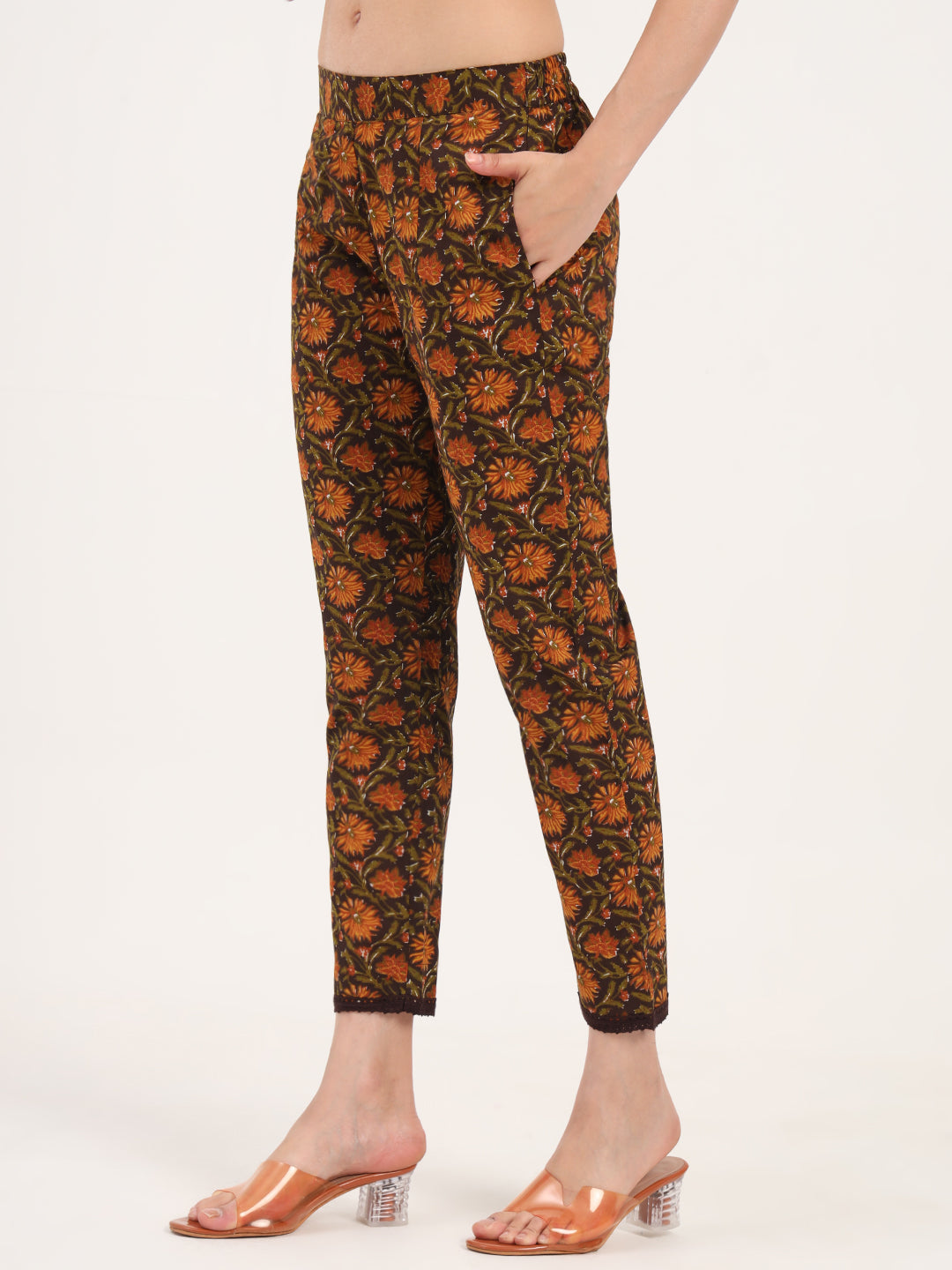 Noe Velarro Brown Floral Print Cotton Fabric Straight Kurta with Trouser