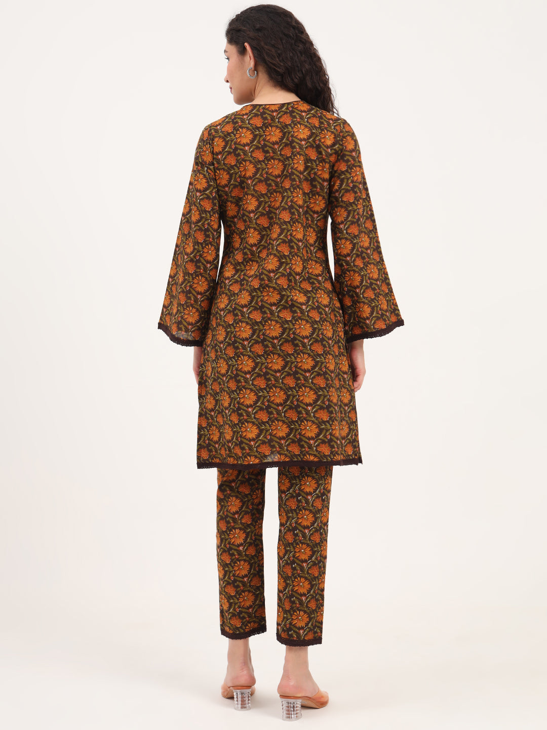 Noe Velarro Brown Floral Print Cotton Fabric Straight Kurta with Trouser