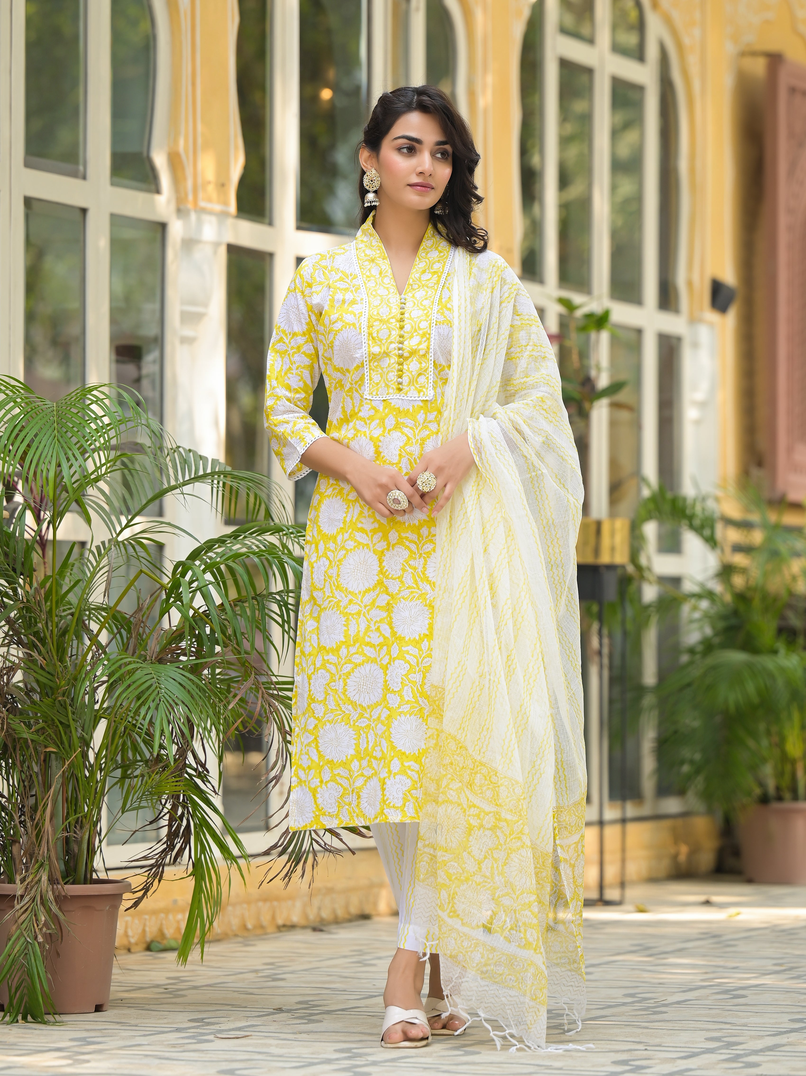 Noe Velarro Yellow Hand Block Print Pure Cotton Straight Kurta Set