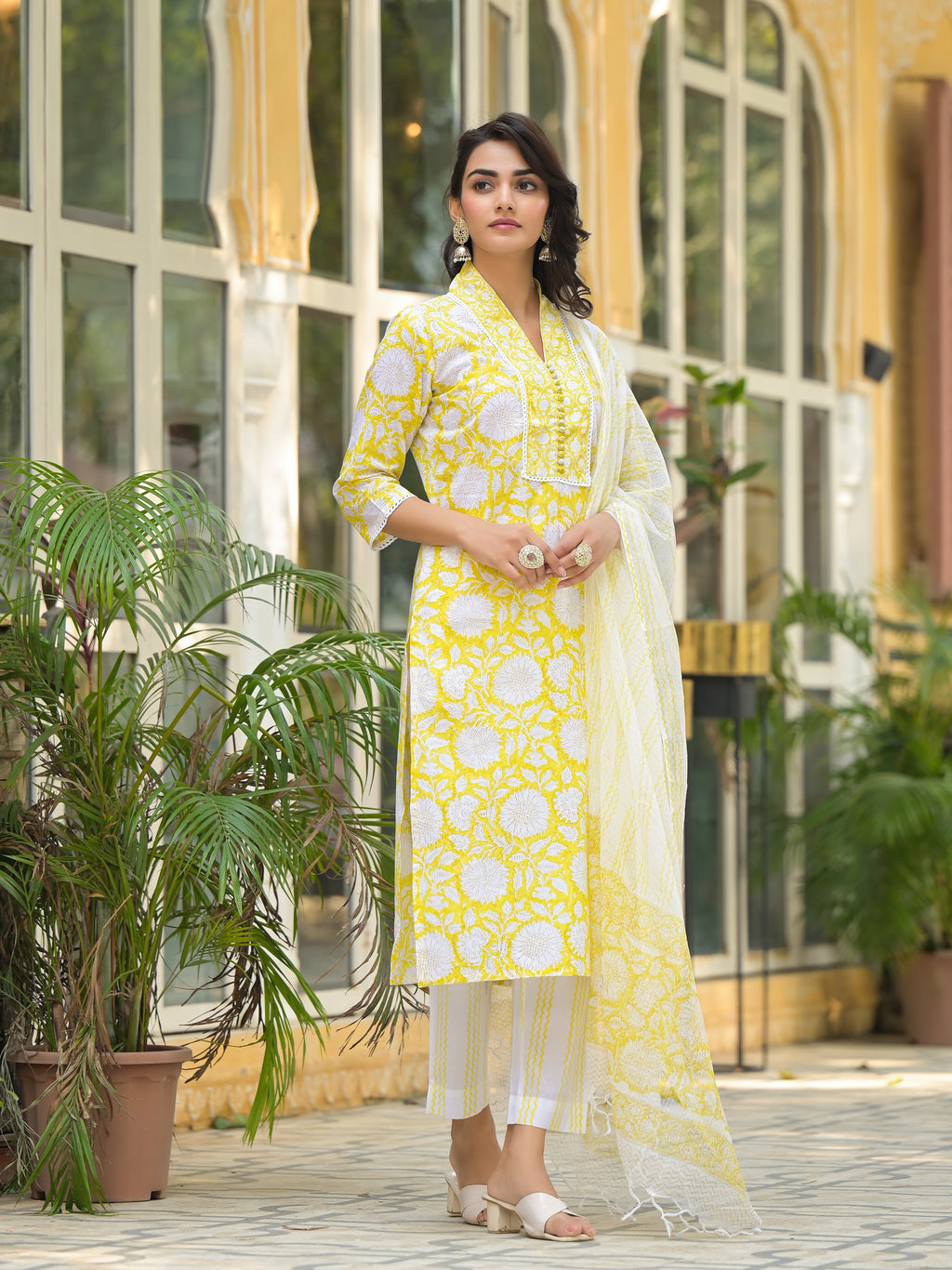 Noe Velarro Yellow Hand Block Print Pure Cotton Straight Kurta Set
