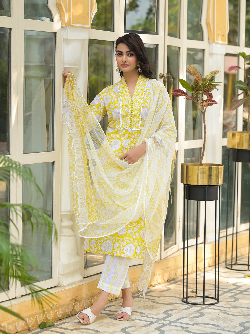 Noe Velarro Yellow Hand Block Print Pure Cotton Straight Kurta Set