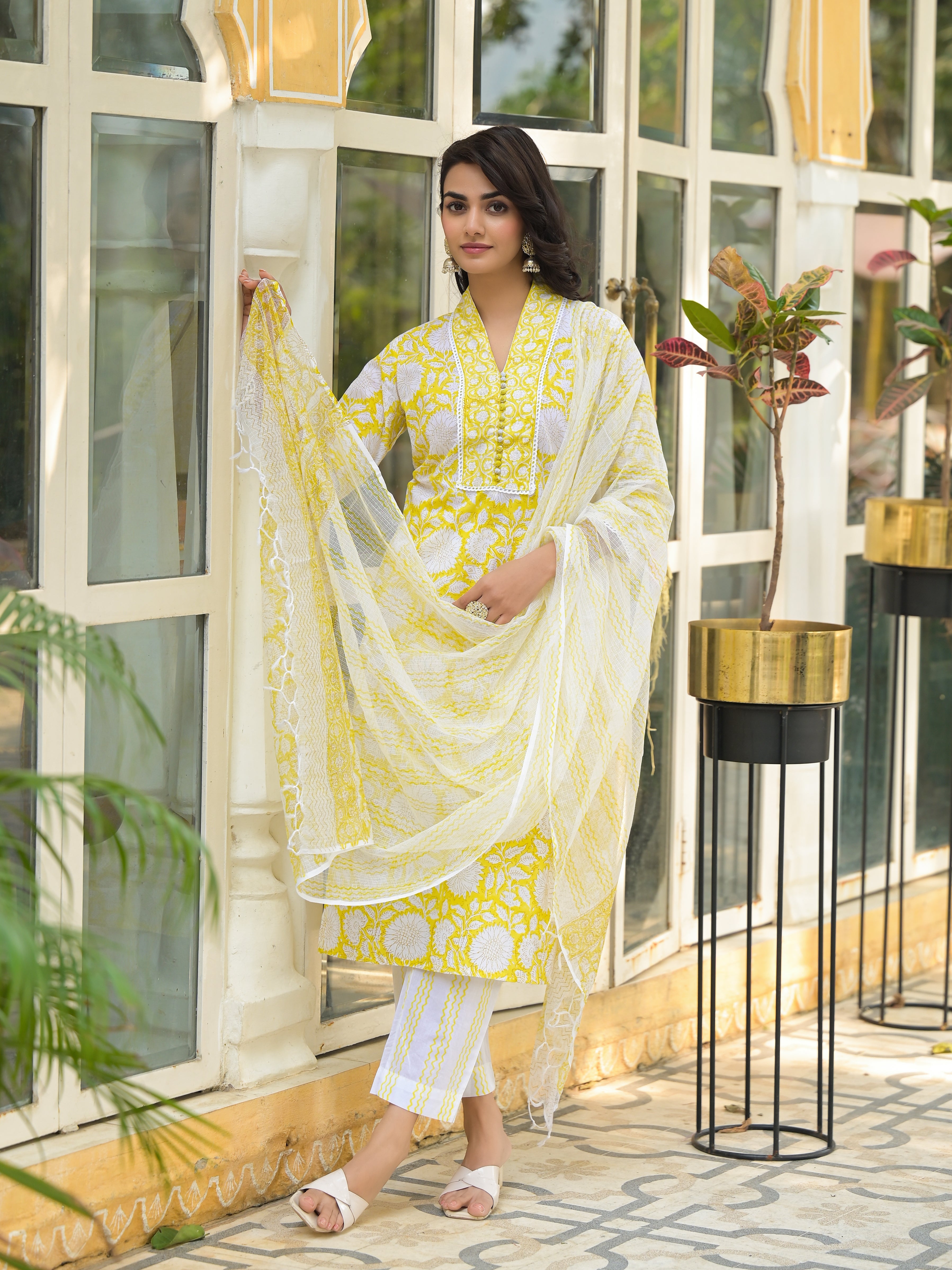 Noe Velarro Yellow Hand Block Print Pure Cotton Straight Kurta Set