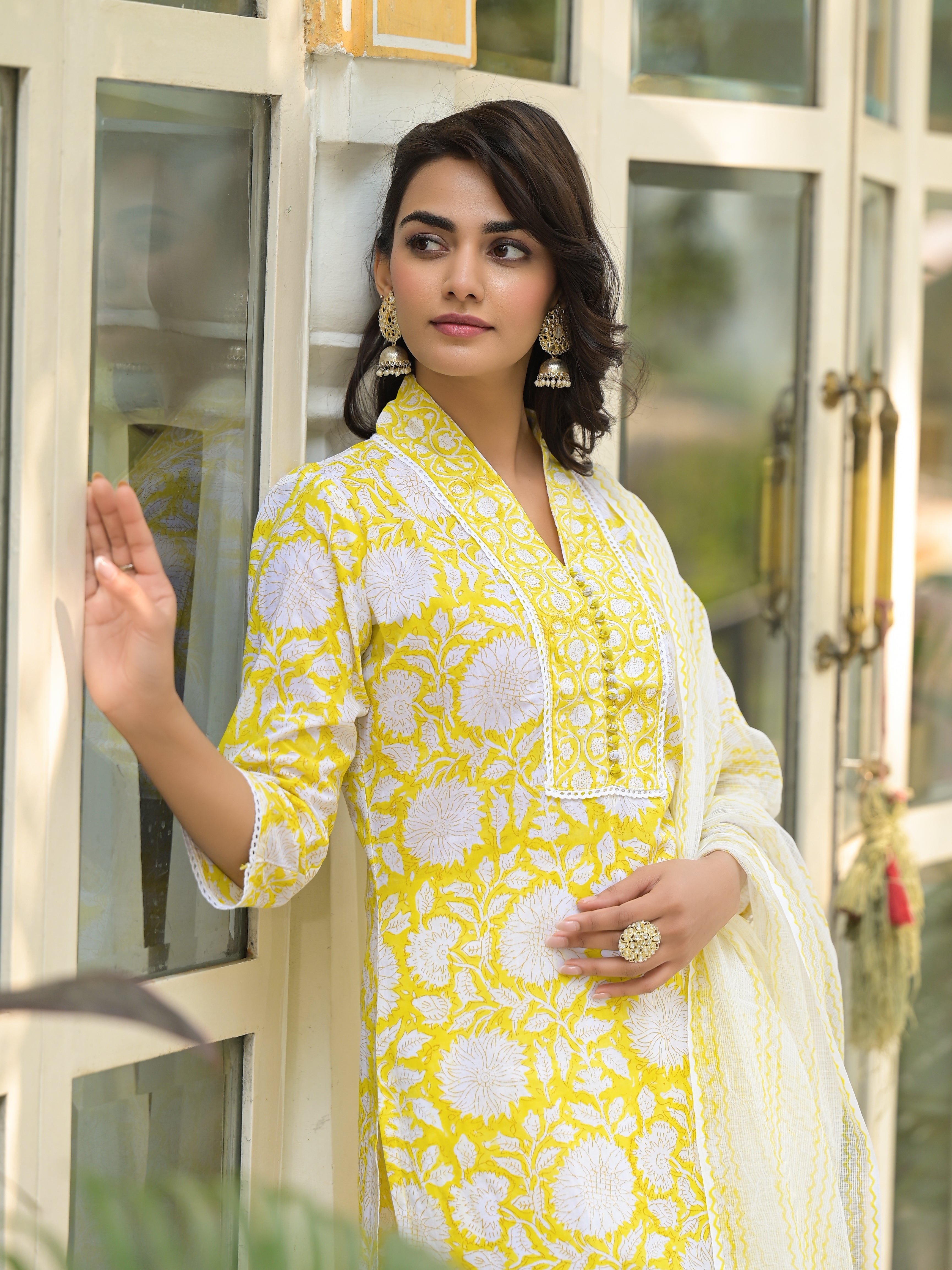 Noe Velarro Yellow Hand Block Print Pure Cotton Straight Kurta Set