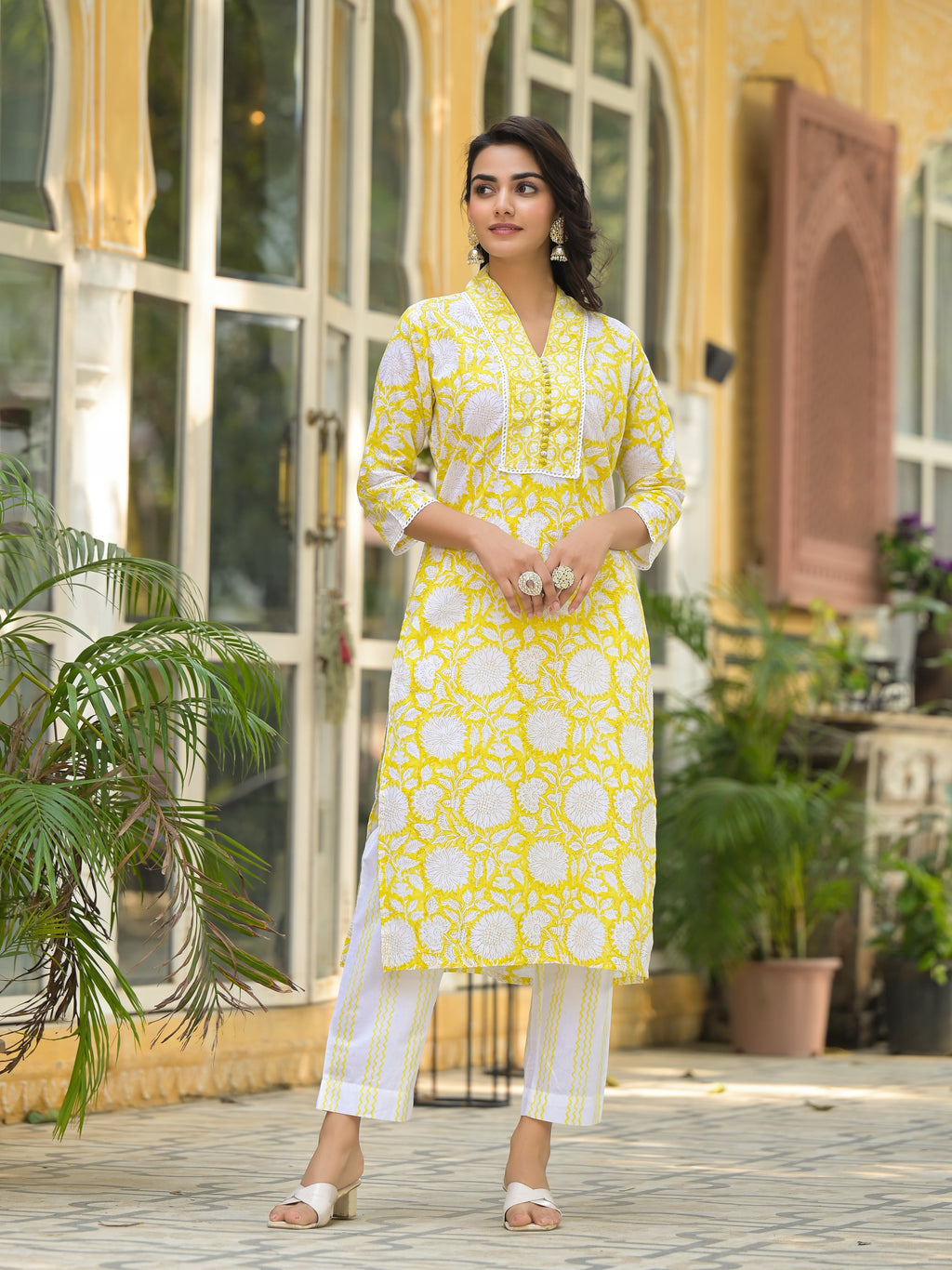Noe Velarro Yellow Hand Block Print Pure Cotton Straight Kurta Set