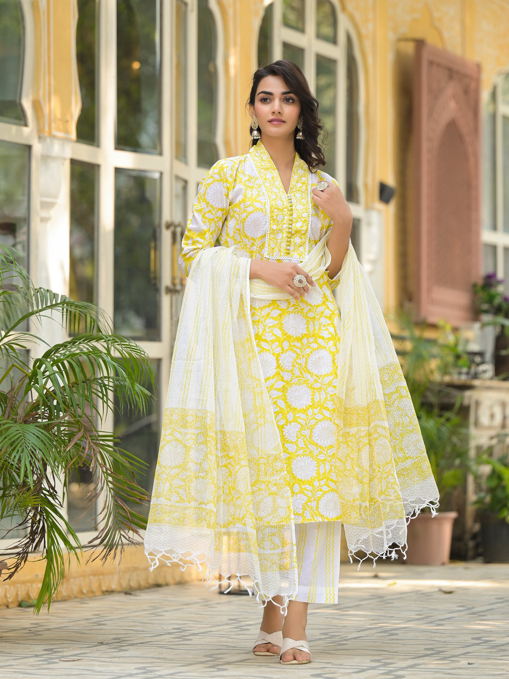 Noe Velarro Yellow Hand Block Print Pure Cotton Straight Kurta Set