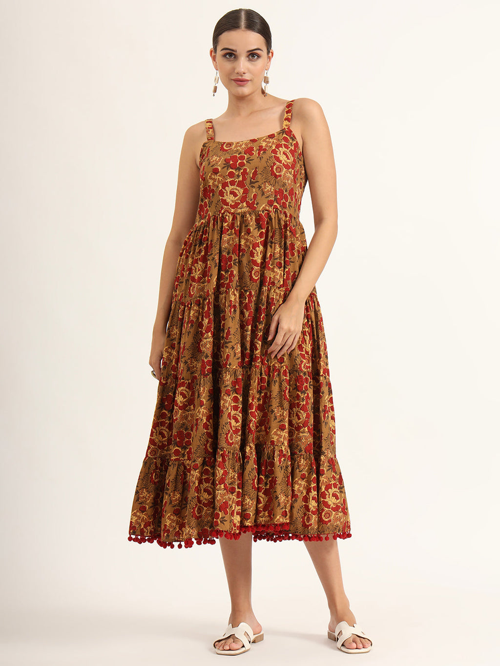 Noe Velarro Brown Floral Print Pure Cotton Fit & Flare Dress
