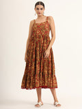 Noe Velarro Brown Floral Print Pure Cotton Fit & Flare Dress
