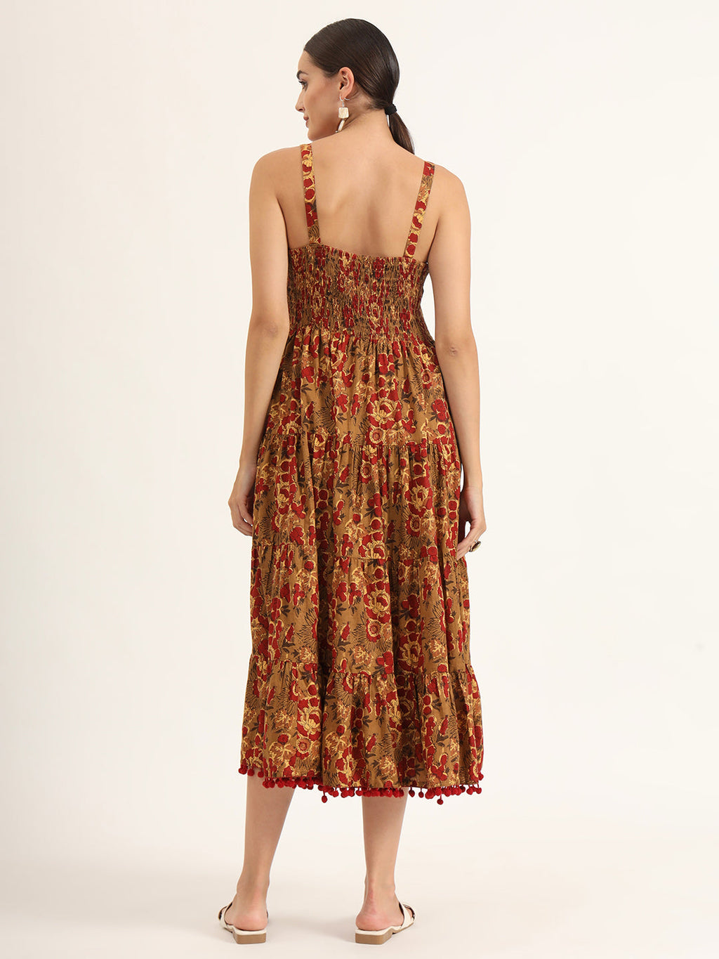 Noe Velarro Brown Floral Print Pure Cotton Fit & Flare Dress