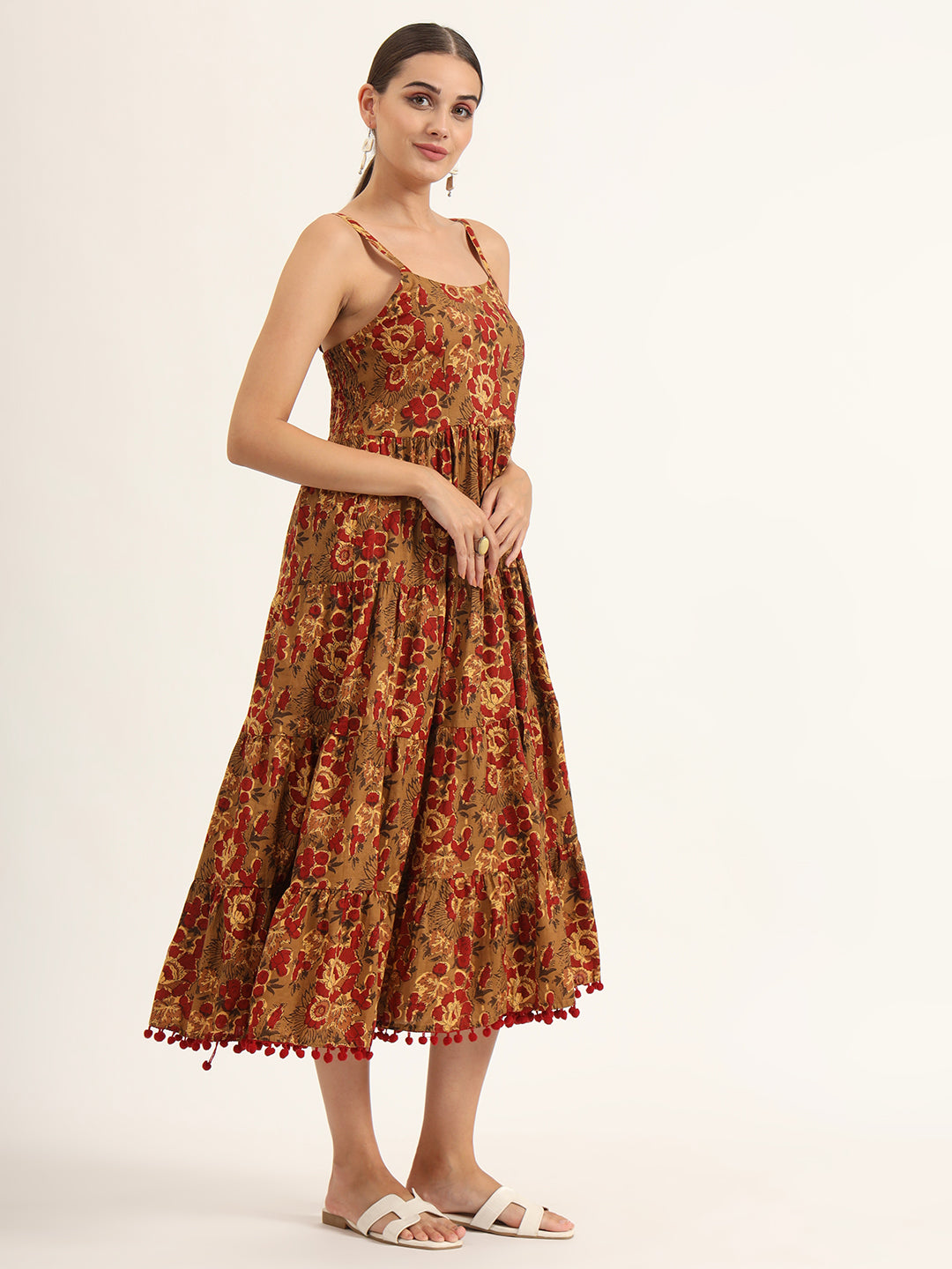 Noe Velarro Brown Floral Print Pure Cotton Fit & Flare Dress